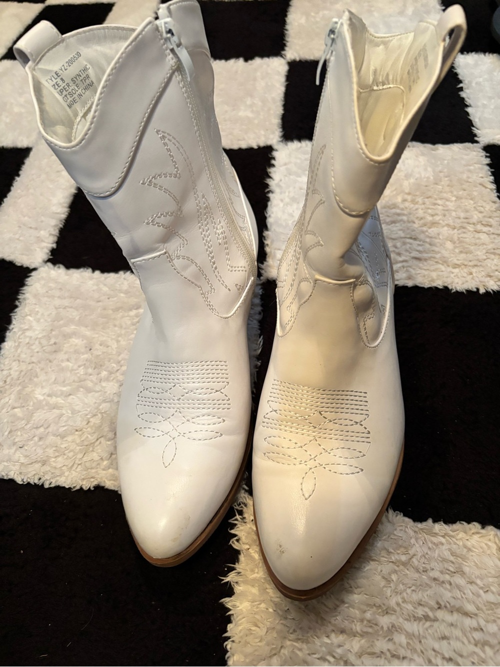 Women's White Western Ankle Heeled Boots - Embroidered Detail